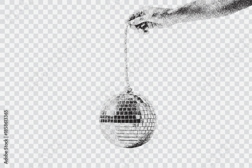 Mirrored Orb: A grayscale photo of a hand delicately suspending a disco ball, a shimmering sphere of reflective surfaces, suspended and ready for the dance floor.