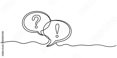 Speech bubbles with question and exclamation mark continuous one line drawing. Dialogue sign. Chat linear symbol. Vector illustration isolated on white.