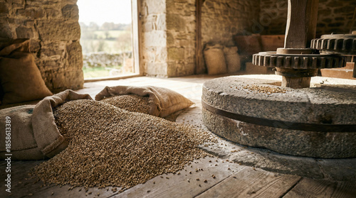 emmer. Heap of hulled emmer grains beside a traditional stone mill. safety posters, maintenance manuals, designed for industrial assembly lines and welding operations.