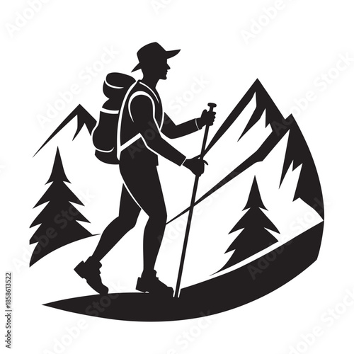 Hiker With Trekking Poles On Trail