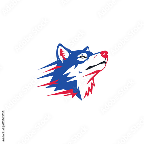 Stylized Wolf Head Logo in Blue and Red Colors.