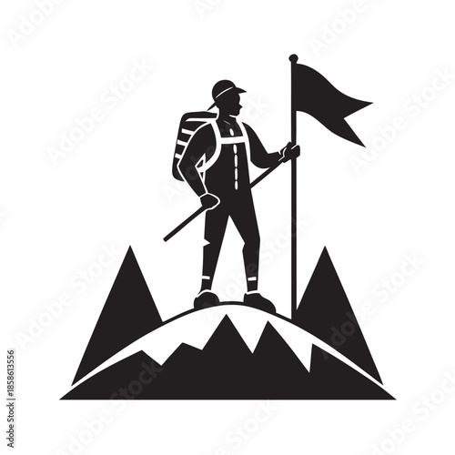 Mountaineer Standing At Summit With Flag