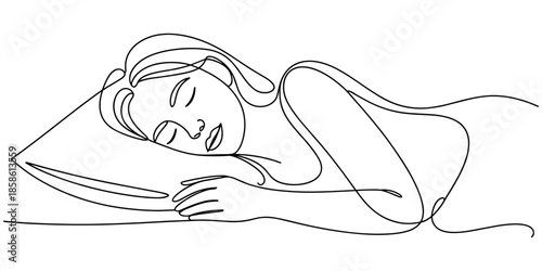 Woman sleeping on pillow bed continuous one line drawing. Sleeping woman in single line art illustration. Editable vector, Continuous single line sketch drawing of woman sleeping on pillow bed.
