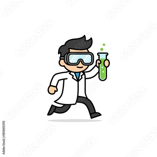 Animated Scientist Running with Beaker in Lab Coat.