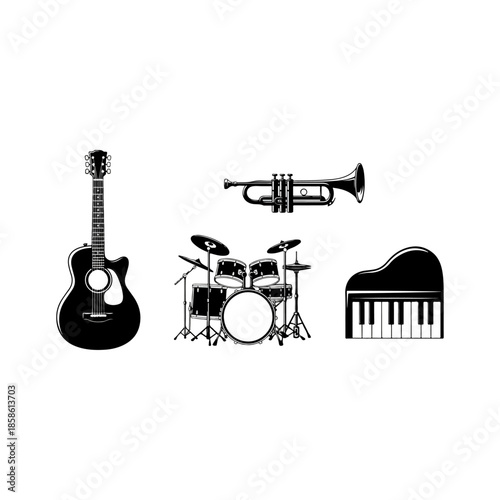 Set of musical instruments including guitar trumpet drums and piano.