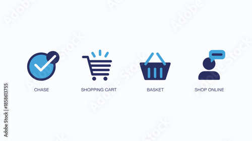 E-commerce icons set in modern minimalist style with blue color scheme and simple flat design for online shopping