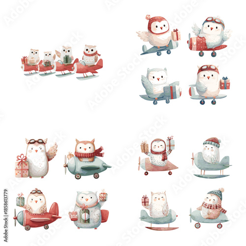 Cute winter animals riding sleds and carrying gifts illustrated in a playful holiday style. Ideal for Christmas designs kids graphics nursery art and festive seasonal visuals.