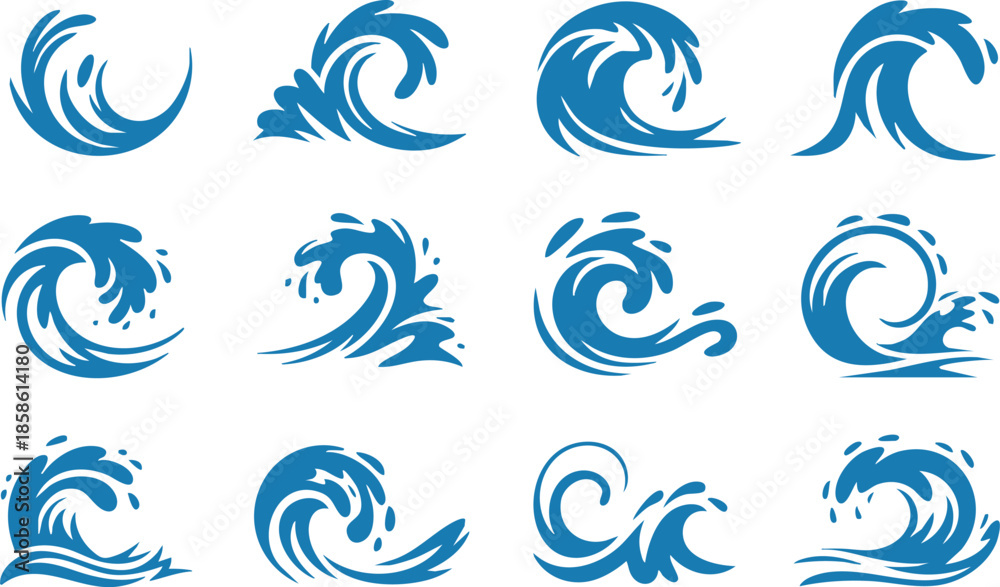 Naklejka premium Splashes and waves of water. Swirls, curves and flow, blue water waves. Dynamic fluid, ripple effect. Ocean, sea, river and lake. Flat vector isolated illustration set