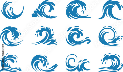 Splashes and waves of water. Swirls, curves and flow, blue water waves. Dynamic fluid, ripple effect. Ocean, sea, river and lake. Flat vector isolated illustration set