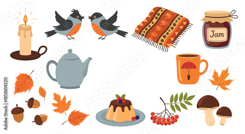 A cozy collection of autumn-themed items including birds a candle jam a teapot and a warm blanket on white background.