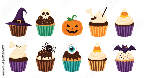A spooky and sweet collection of ten different Halloween-themed cupcakes decorated with pumpkins skulls spiders and other symbols.