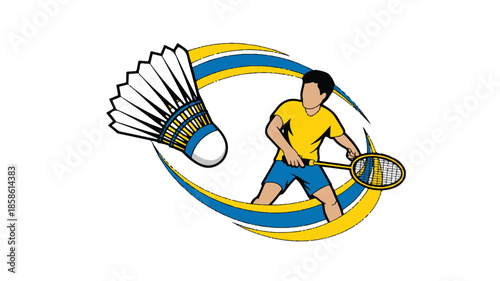 A stylized sports logo design featuring a badminton player and shuttlecock in a dynamic composition 