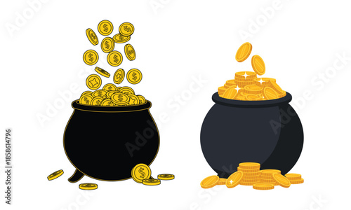 Gold coins overflowing from pots isolated on white background, Vector, illustration