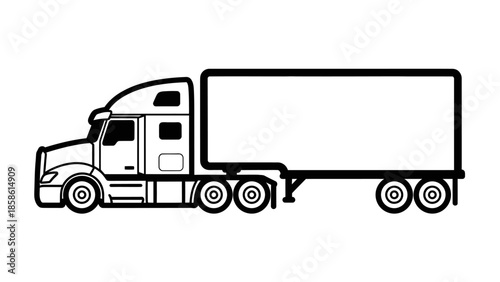 Outline Drawing of Semi-Truck with Trailer for Cargo Transport, Logistics Icon, Isolated White Background.