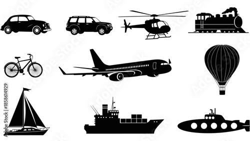 Comprehensive collection of various black silhouette transportation modes including car, SUV, helicopter, train, bicycle, airplane, hot air balloon, sailboat, cargo ship, and submarine 