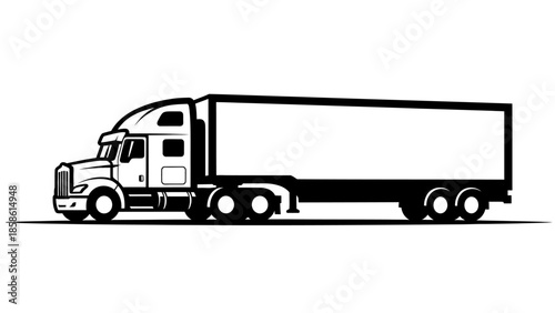 Line Art Drawing of Semi-Truck with Trailer for Logistics and Freight, Commercial Vehicle, Isolated White Background.