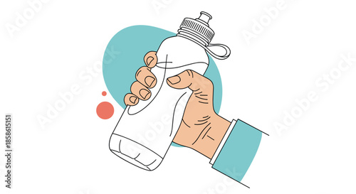 Hand drawn illustration of a person's hand firmly holding a reusable sports water bottle for hydration during a workout.