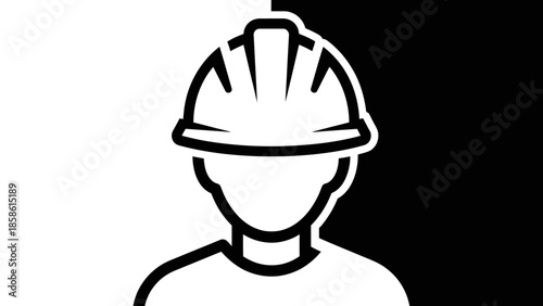 Outline Icon of Person Wearing Hard Hat on Solid Black Background