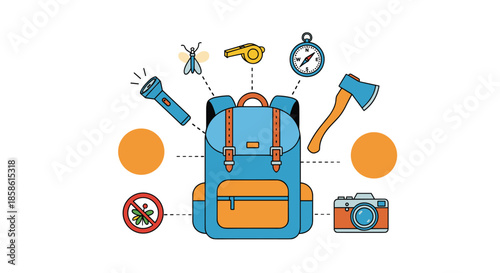 Camping and hiking concept illustration with a backpack surrounded by essential survival and travel equipment icons.