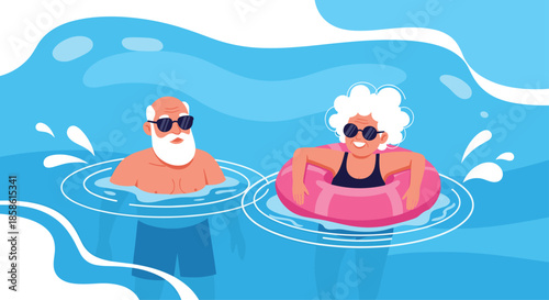 Happy elderly couple enjoying their retirement vacation swimming in the sea with the woman using an inflatable ring.