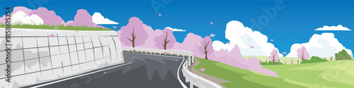 Beautiful spring landscape with winding asphalt road and blooming pink cherry blossom trees. Sakura petals falling on green grass hills. Nature banner background vector illustration.