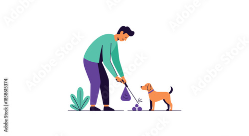 Responsible pet owner cleaning up dog waste from the ground using a pooper scooper and a bag on a white background.