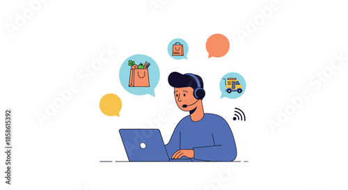 Male customer service operator with a headset working on a laptop to process online grocery orders for delivery.