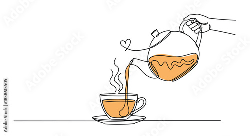 Continuous one line drawing of a hand pouring hot tea from a teapot into a glass cup with a small heart doodle.