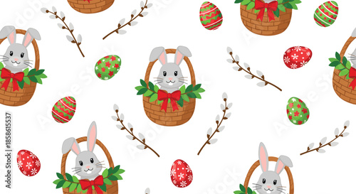 Cute seamless Easter pattern with adorable bunnies in baskets colorful painted eggs and pussy willow branches on white.