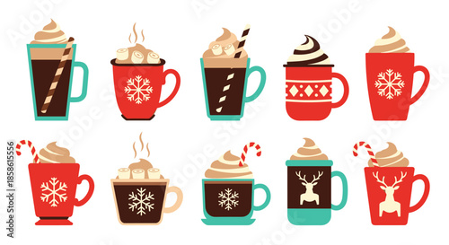 Festive collection of ten different Christmas mugs filled with hot cocoa and coffee topped with cream and candy canes.