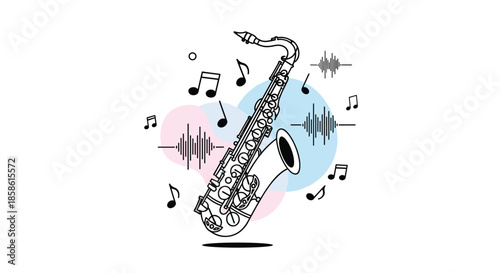 Outline illustration of a saxophone surrounded by musical notes and sound waves representing jazz or classical music.