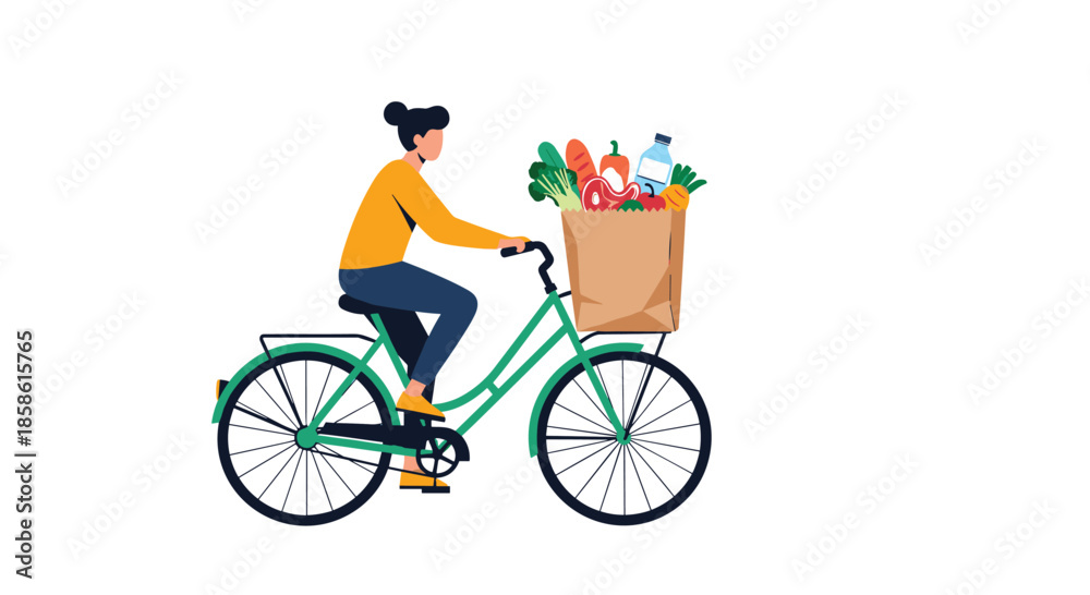 Fototapeta premium Young woman riding a green bicycle with a paper bag full of fresh groceries in the front basket on a white background.