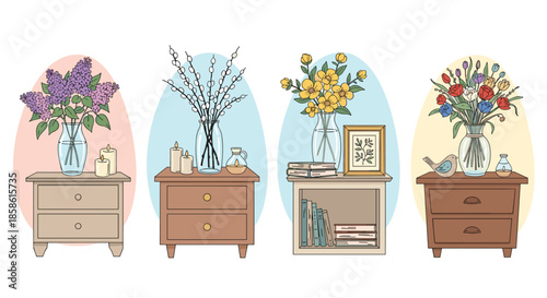 Set of four charming bedside tables decorated with spring flowers books and candles against colorful oval backgrounds.
