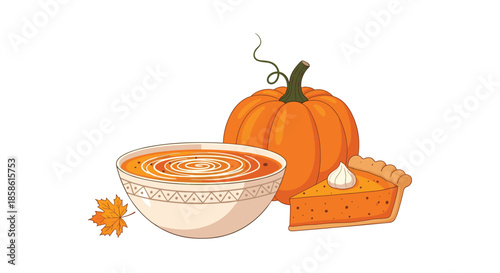 Autumn Thanksgiving meal with a bowl of pumpkin soup a whole pumpkin and a slice of pumpkin pie with whipped cream.