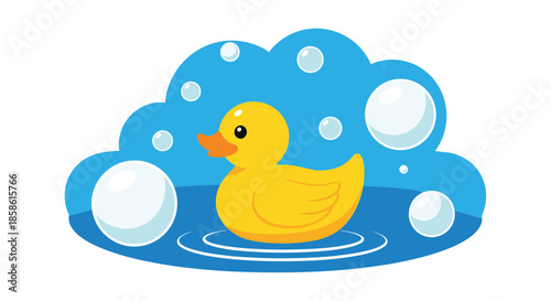 Cute yellow rubber duck floating in blue water surrounded by white soap bubbles creating a fun bath time scene.