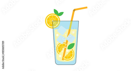 Refreshing glass of lemonade with ice cubes lemon slices a straw and mint leaves perfect for a hot summer day.