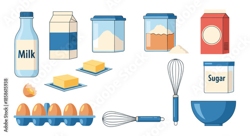 Set of essential baking ingredients and utensils including flour sugar eggs milk butter and whisks for cooking.