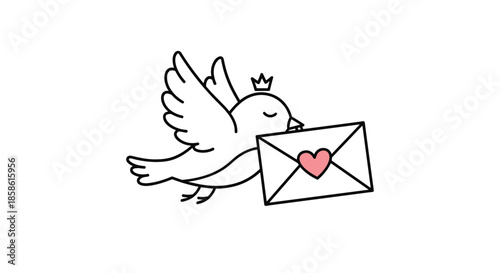 Simple line art drawing of a cute bird with a crown carrying a love letter sealed with a heart in its beak.
