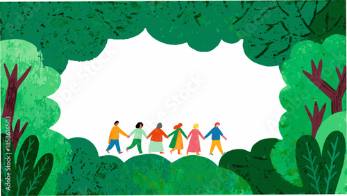 A group of people holding hands framed by lush green foliage and trees