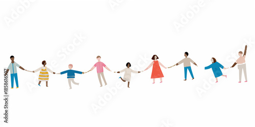 A diverse group of people holding hands in a colorful connected line