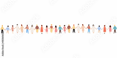 A diverse group of people holding hands in a long connected line