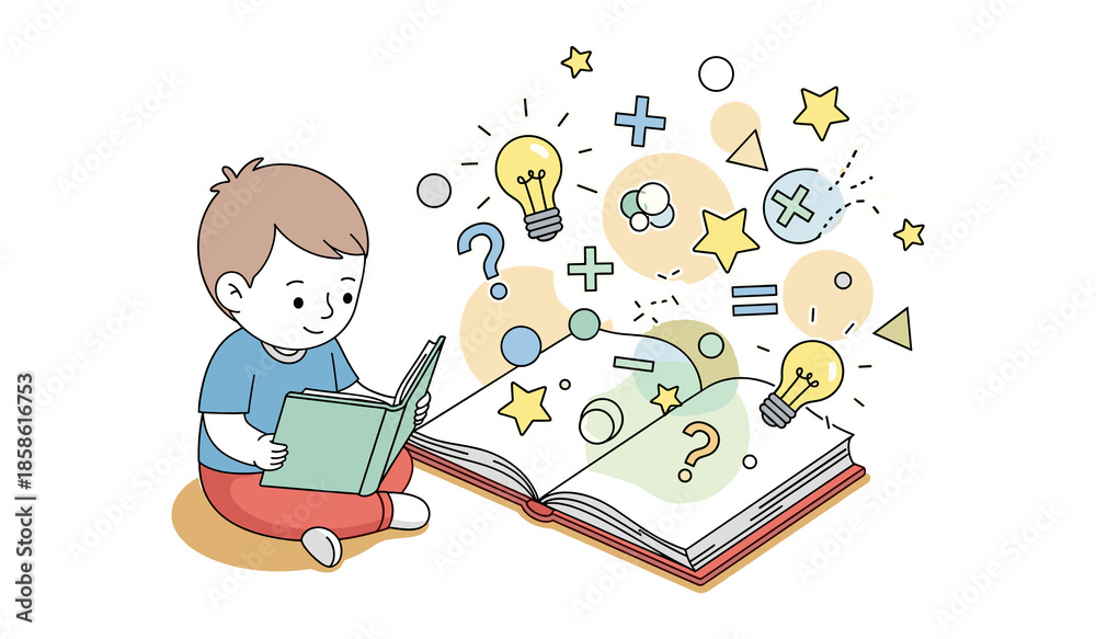 Fototapeta premium International Day of Education Illustration of Child Reading Book with Learning Icons and Creative Knowledge Concept