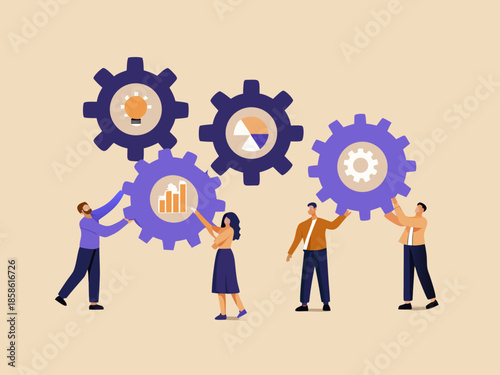 Teamwork and innovation people collaborating with gears and data visualization