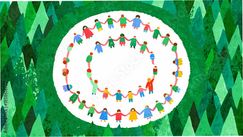 A colorful illustration depicts people holding hands in a circle surrounded by trees