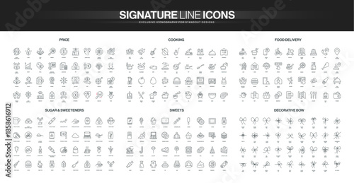 Thin line icons covering price, cooking, food delivery, sugar, sweeteners, sweets, and decorative bows, each group detailed for diverse culinary and design themes isolated vector illustration