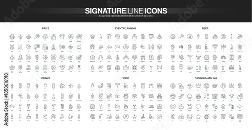 Collection of thin line icons covering price, event planning, beer, drinks, wine, and casino gambling themes, suitable for diverse business and leisure concepts isolated vector illustration