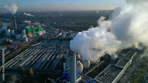 sewage treatment plant Industrial emitting smoke. Unique aerial view drone
