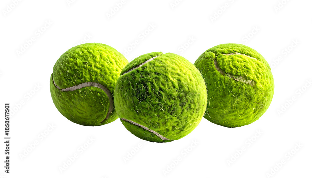Obraz premium Three fuzzy green spheres, classic sport equipment, floating against stark black background