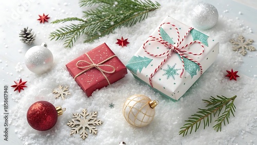 Christmas Holiday Greeting Layout with Decorative Gifts and Ornaments on a Pure White Background and transparent background