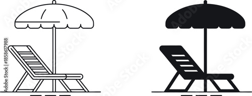 Beach Umbrella and Sun Lounger Icon Set – Summer Vacation, Relaxation and Resort Symbols in Outline and Solid Black Design